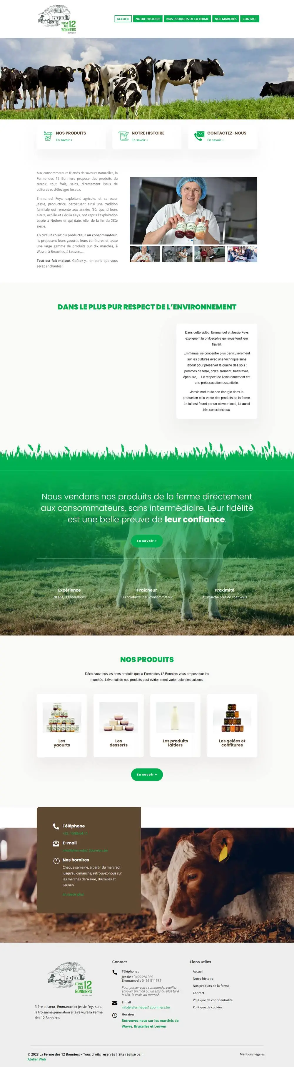 La Ferme des 12 Bonniers: Site pour La Ferme des 12 Bonniers d'Emmanuel et Jessie Feys, qui vendent les produits de leur ferme sur les marchés de Wavre, Bruxelles et Louvain.