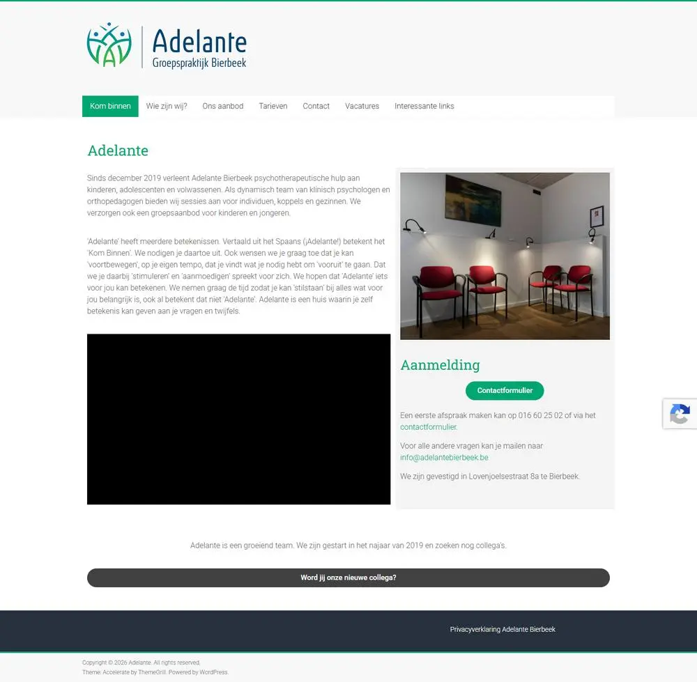 Adelante Groepspraktijk, on a computer: Support for the Adelante group practice in Bierbeek on every front: forms, hosting, security, spam, design and newsletters, and later a separate website for Sonja's book.