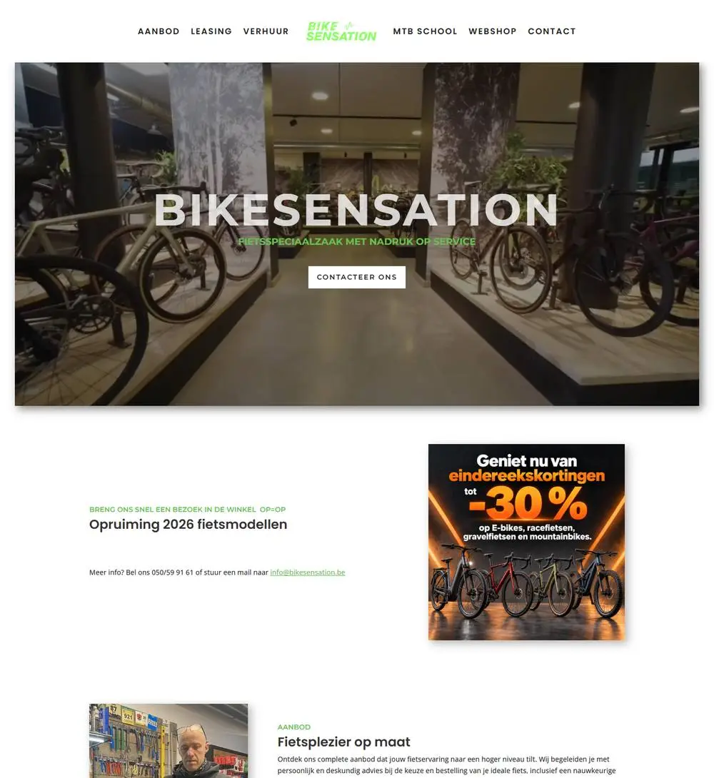 Bikesensation: Site pour Bikesensation à Beernem, le magasin de vélos de Dirk : location de VTT électriques, leasing vélo et stages VTT, chacun avec sa propre entrée.