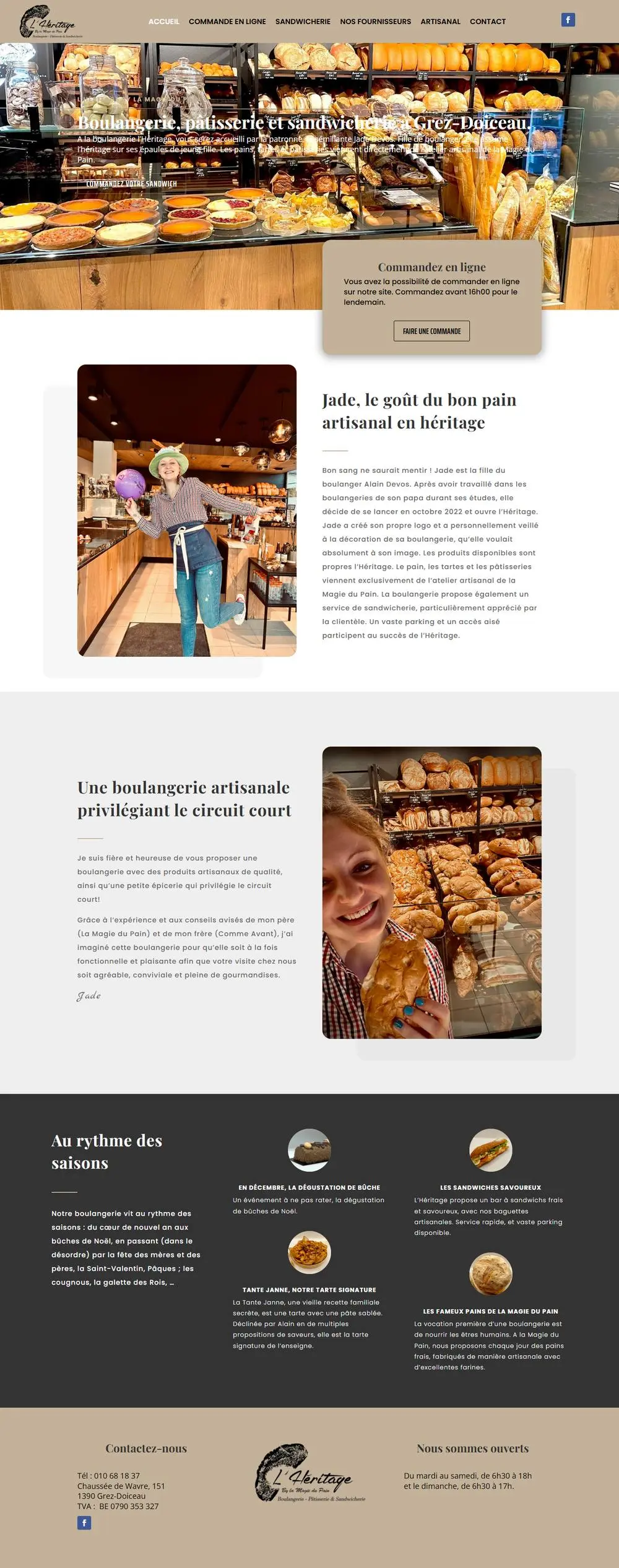Boulangerie L'Héritage, sur ordinateur: Site avec commande de sandwiches en ligne pour la Boulangerie L'Héritage de Jade Devos à Grez-Doiceau, née de La Magie du Pain.