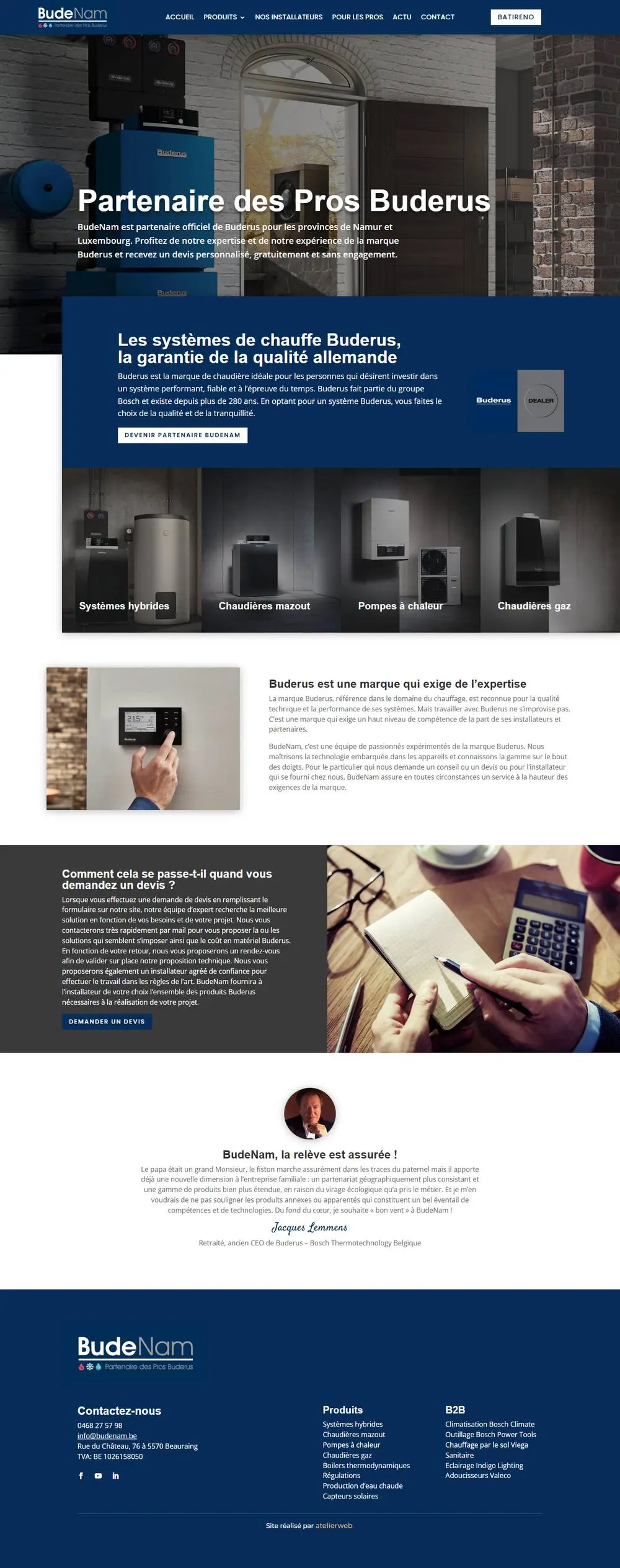 BudeNam, on a computer: Full website for BudeNam, distributor of Buderus heating appliances in Wallonia, with a dedicated B2B page and built around the questions homeowners search when looking into a boiler.