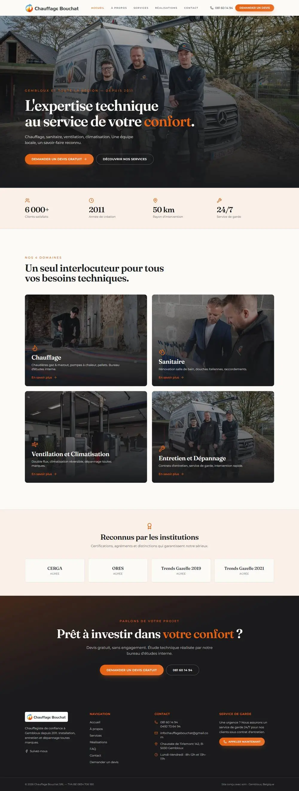 Chauffage Bouchat, on a computer: Website for Chauffage Bouchat, heating engineers in Gembloux since 2011: heating, plumbing and ventilation, projects, FAQ and a quote request always one click away.