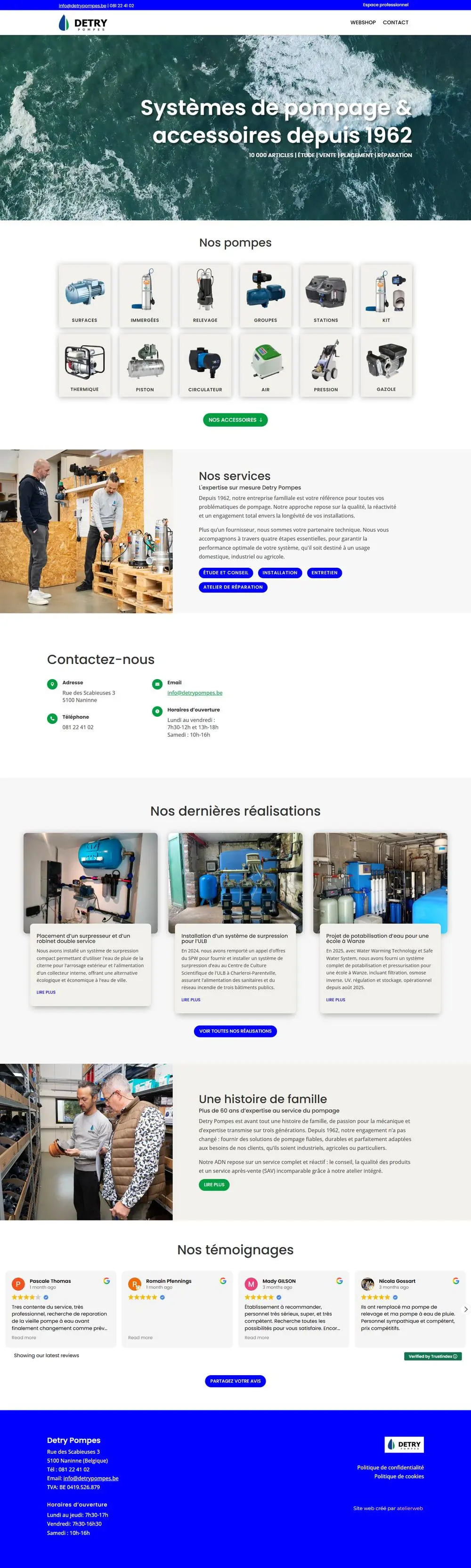 Detry Pompes, on a computer: Website for Detry Pompes in Naninne, pumping specialists since 1962: services, projects and a professional area, with a web shop now being built.