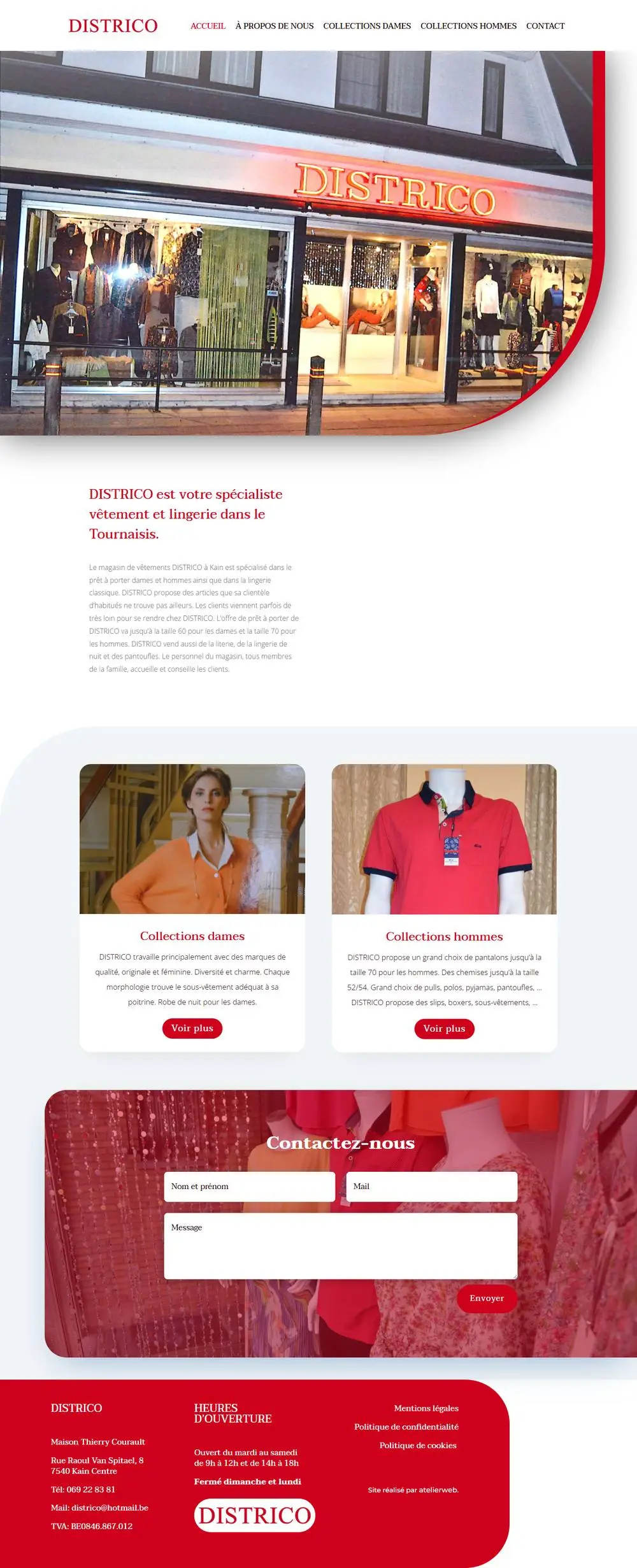 Districo: Website for Districo, a plus-size clothing and lingerie shop in the Tournai area, showing both the range and the shop itself.