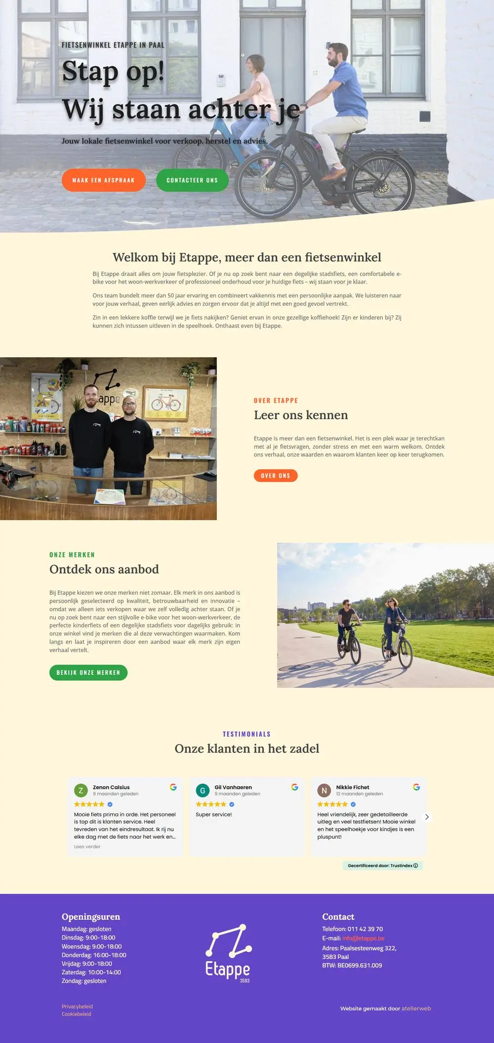Etappe, sur ordinateur: Site pour le magasin de vélos Etappe à Paal : vente, réparation, leasing et conseil, avec prise de rendez-vous en ligne et les avis des clients directement sur le site.