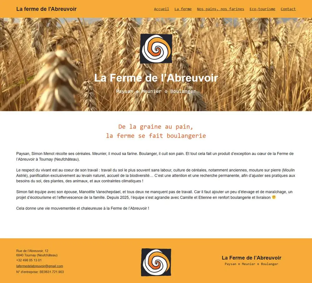 La Ferme de l'Abreuvoir, on a computer: Website for La Ferme de l'Abreuvoir, Simon Menot and Manoëlle Vanschepdael's farm bakery, where everything from grain to bread happens on site, with ecotourism.