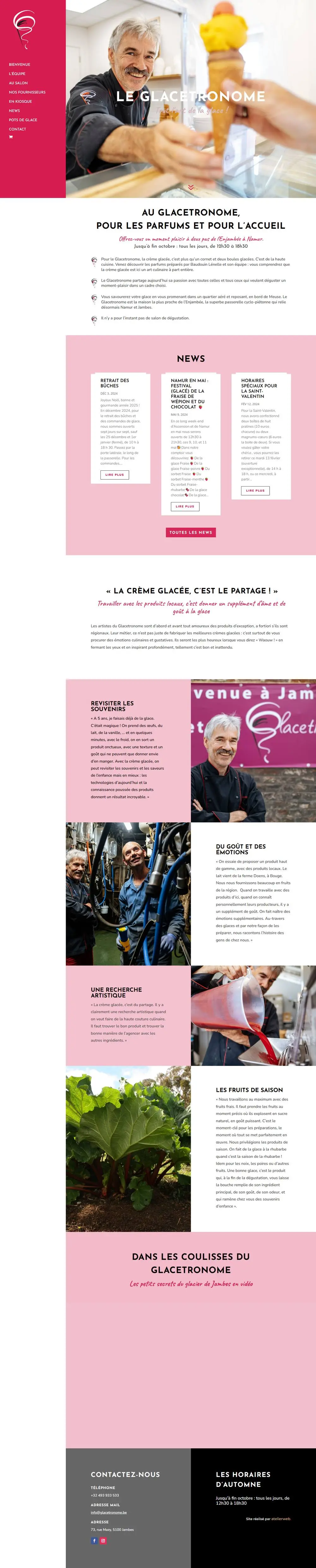 Le Glacetronome, on a computer: Website for Le Glacetronome, Baudouin Lénelle's artisan ice cream in Namur, with a seasonal Christmas web shop for ice cream bûches.