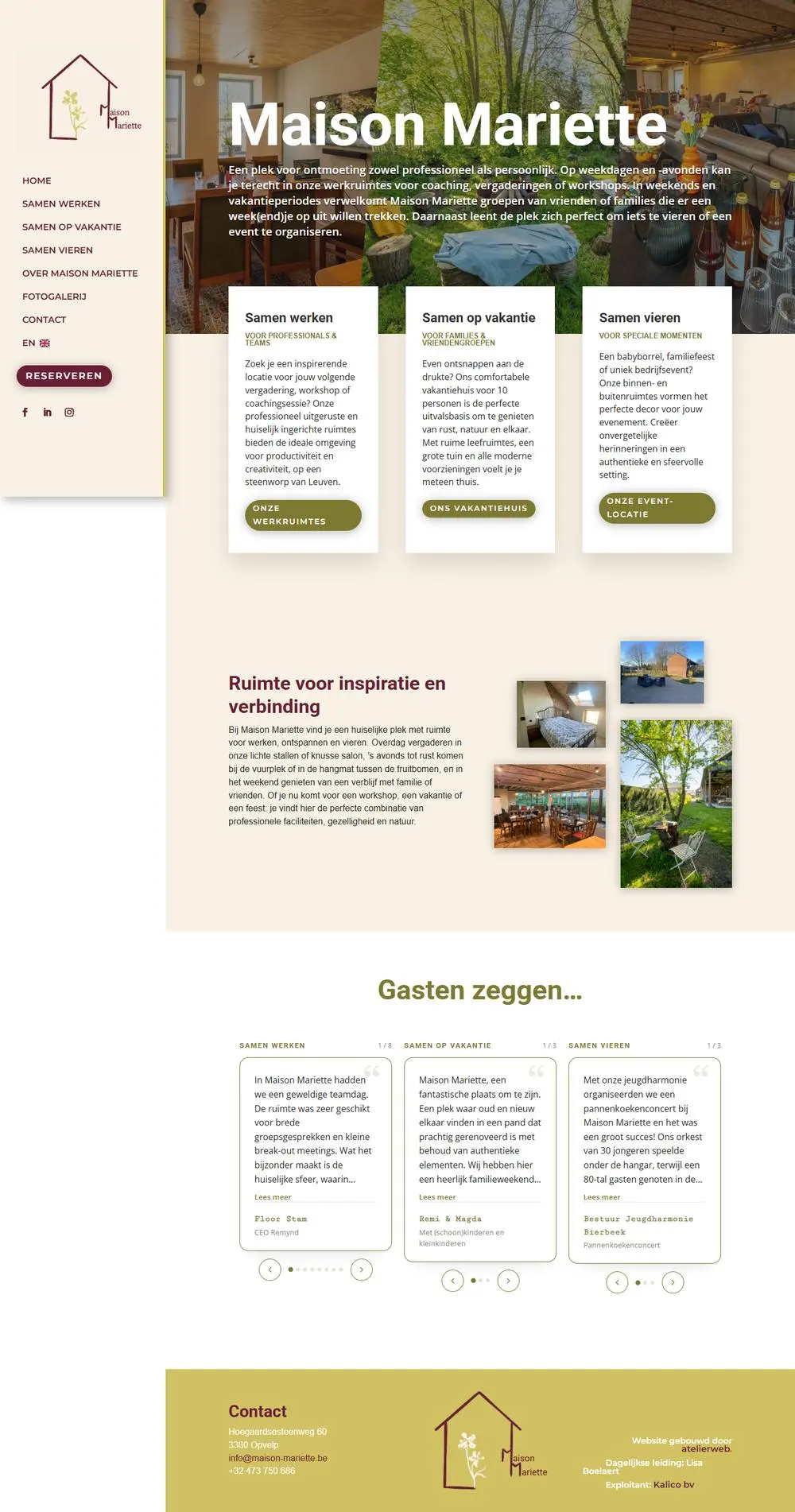 Maison Mariette, on a computer: Website for Maison Mariette, a renovated farmhouse in Bierbeek for working, holidaying and celebrating together, with a booking request that asks the right questions up front.