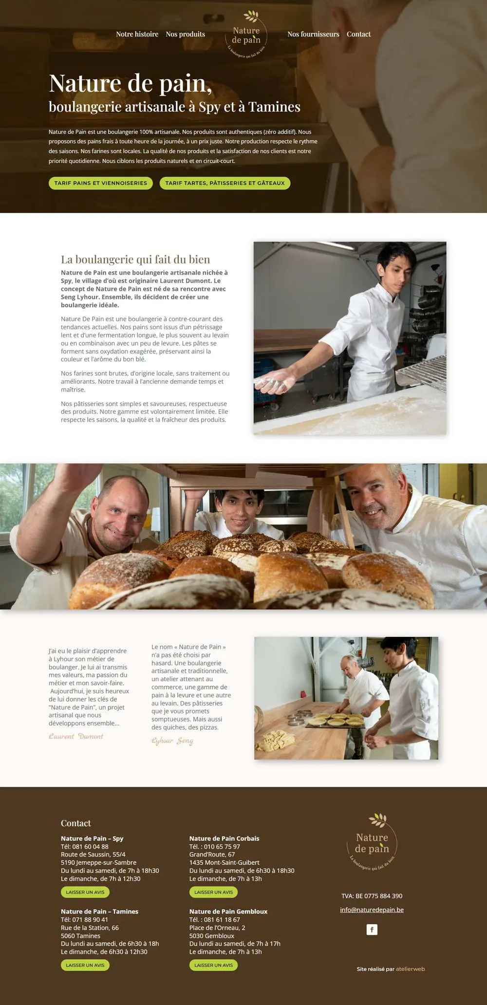 Nature de Pain, on a computer: Website and Facebook page for Nature de Pain, a sourdough bakery in Spy near Jemeppe-sur-Sambre that bakes with flour from La Ferme de l'Espinette.