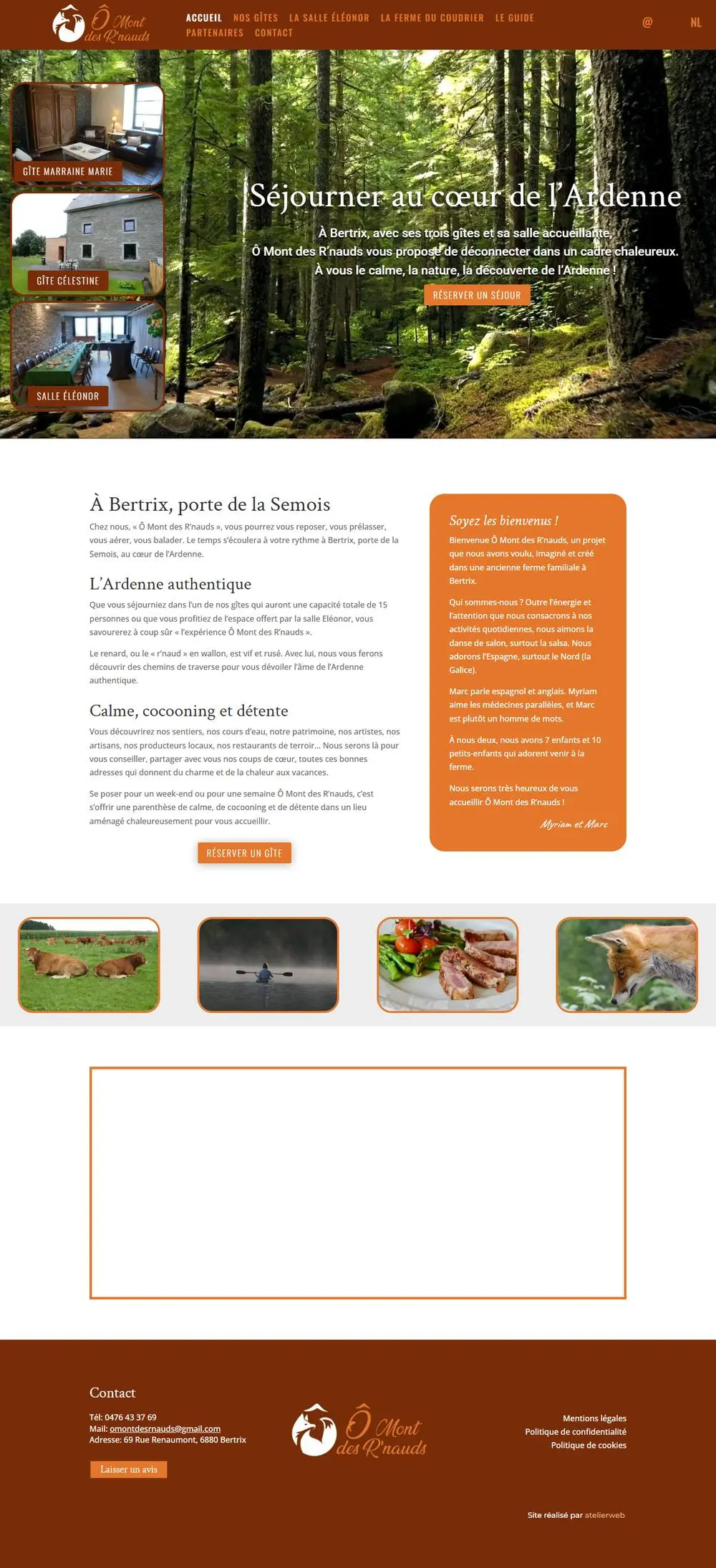 Ô Mont des R'nauds, on a computer: Website for Ô Mont des R'nauds in Bertrix: Myriam and Marc's three holiday homes and a function room, each home with its own page and a clear enquiry.
