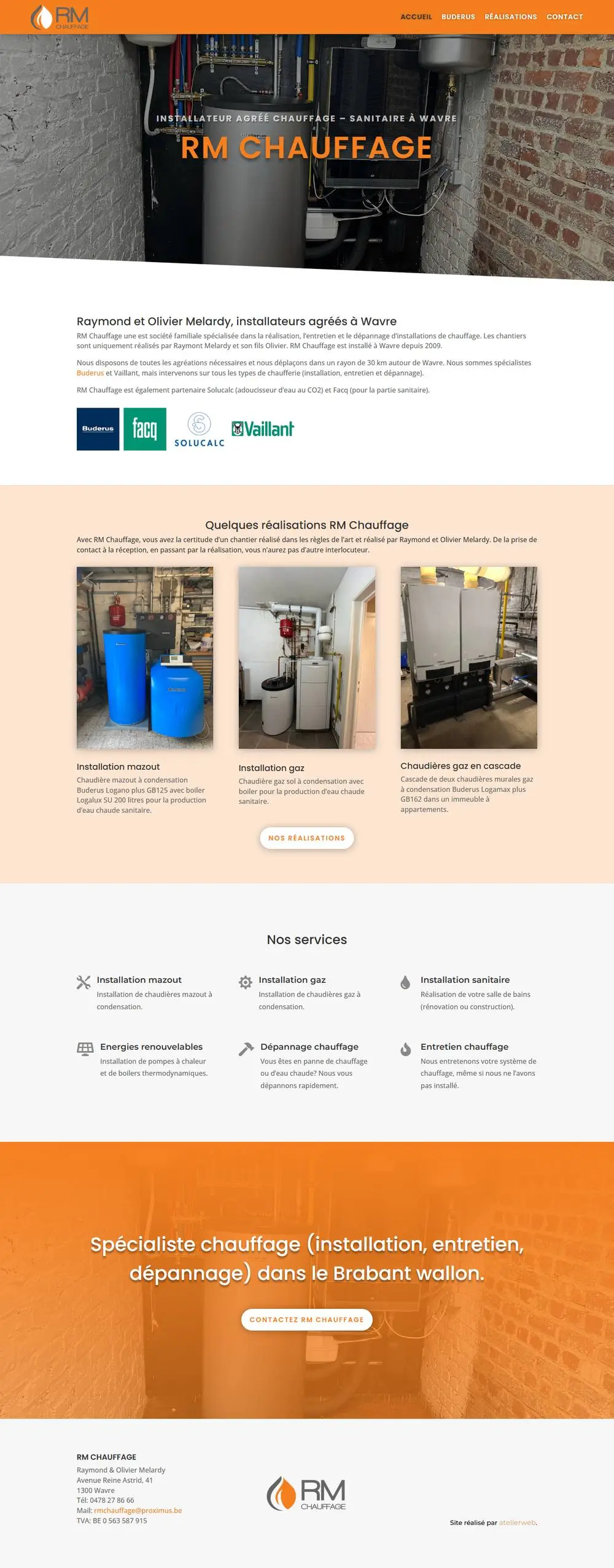 RM Chauffage: Landing page for RM Chauffage in Wavre: Raymond and Olivier Melardy install and repair heating systems (Buderus, Vaillant) within a 30 km radius.