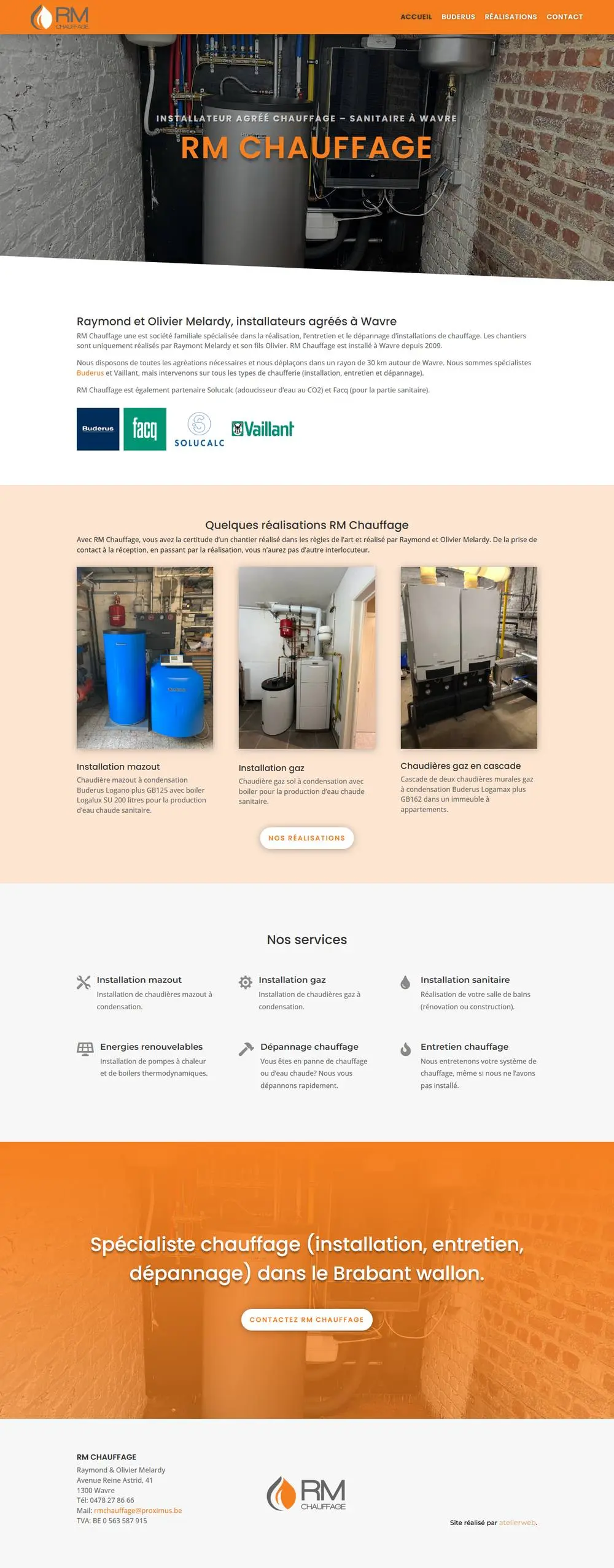 RM Chauffage, on a computer: Landing page for RM Chauffage in Wavre: Raymond and Olivier Melardy install and repair heating systems (Buderus, Vaillant) within a 30 km radius.